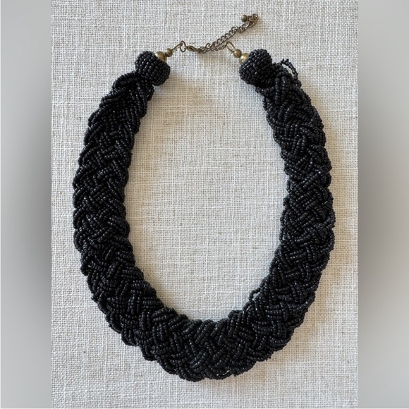 Vintage Jewelry - Black Beaded Statement Necklace Bib Collar Braided Adjustable Costume Chunky